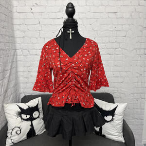 VTG Whimsy Suzy Shier Red Floral Top Ruched Front Flare Sleeves Sz M Canada Made